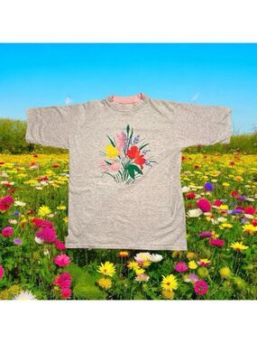 Vintage Alore Cotton Tee Shirt Raised Flower Art Womens Large Gray W/Pink Piping